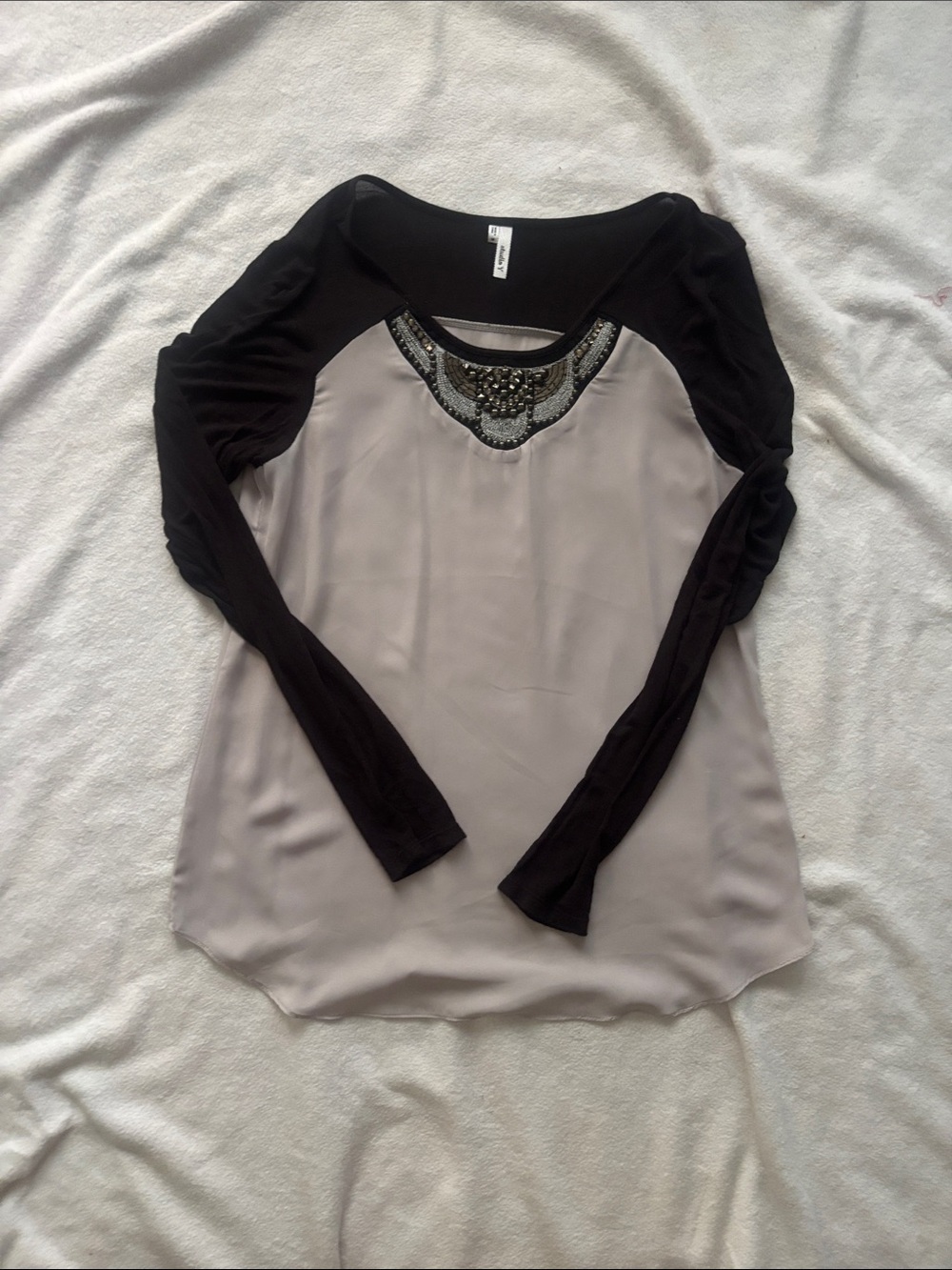 Studio Y Two-Tone Long-Sleeve Scoop Neck Top with Beaded Neckline